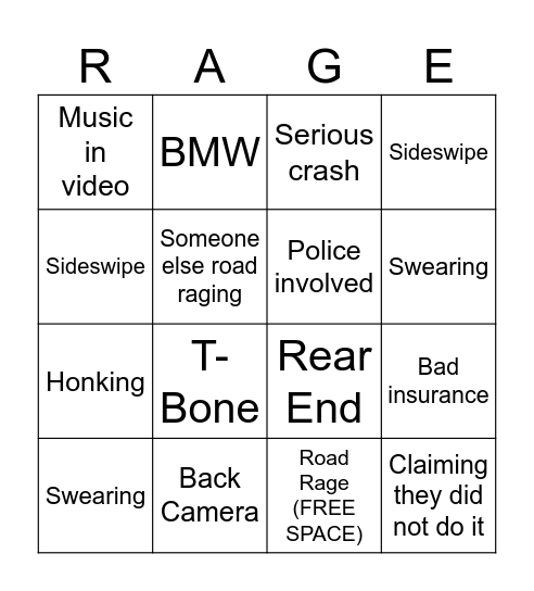 Road Rage Bingo Card