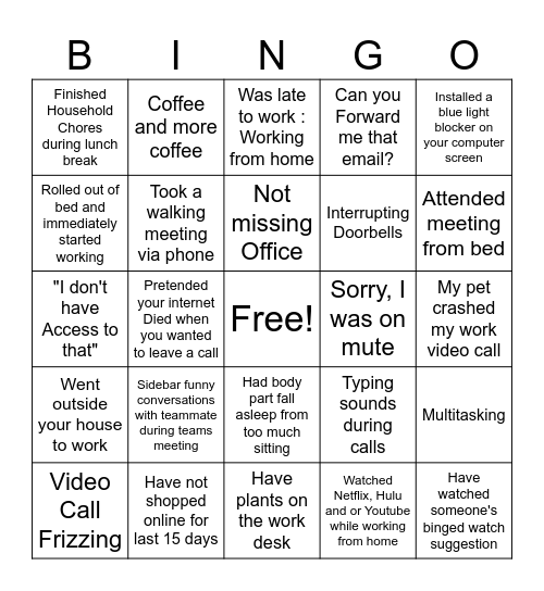 WFH Shenanigans Bingo Card