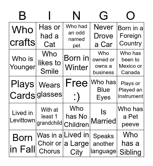 Find someone who fits the Square  Bingo Card