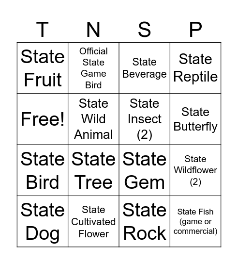 Tennessee State Symbol Bingo Card