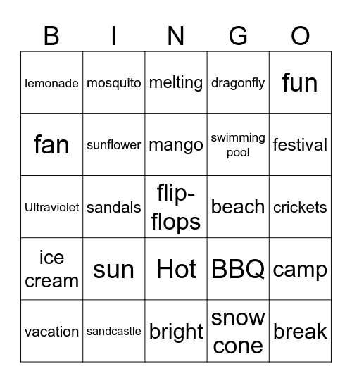 Summer Themed Bingo Card