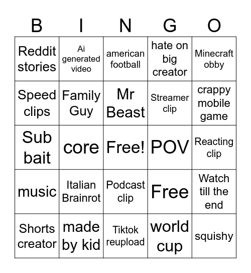 youtube shorts bingo Card