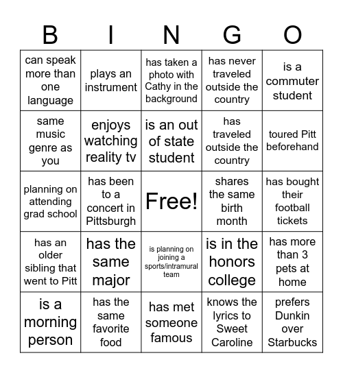 Panther Connect Bingo (Find Someone Who) Bingo Card