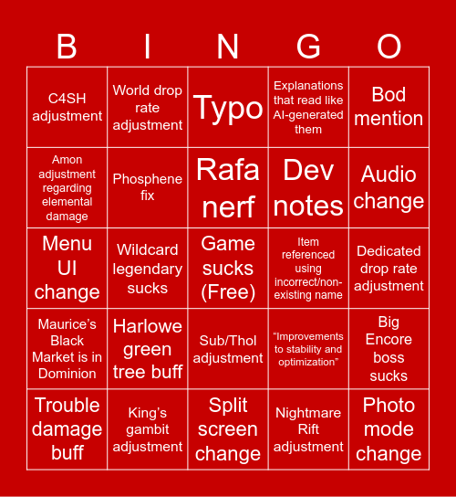 Borderlands 4 Patch Notes Bingo Card