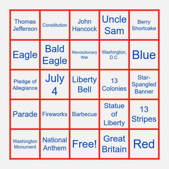 Stars and Stripes Bingo Card