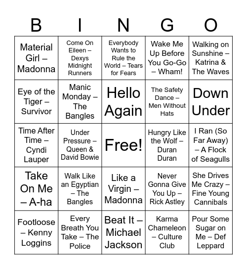 80's Music Bingo Card