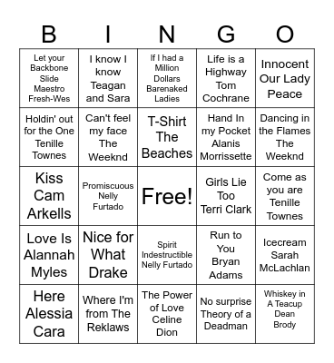 Canadian Music Bingo Card