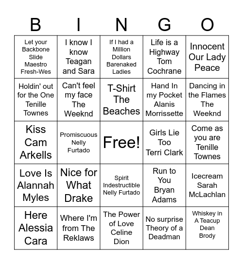 Canadian Music Bingo Card