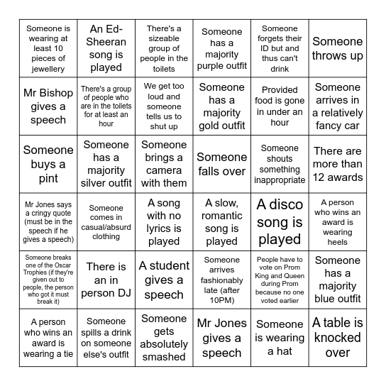 2026 Sixth FOrm Bingo Card