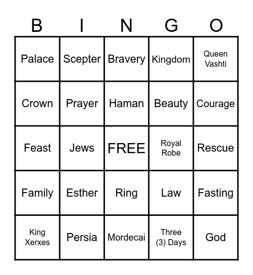 Queen Esther Bingo Card