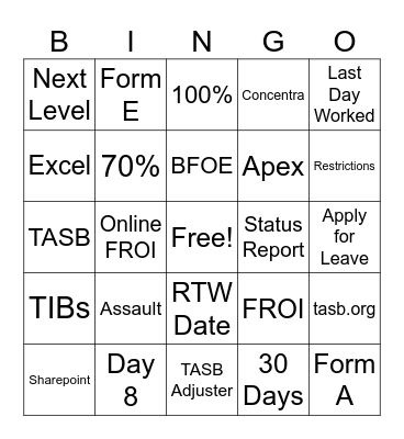 Workers' Compensation Bingo Card