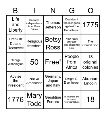 USA Bingo Card