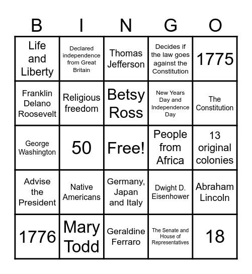 USA Bingo Card