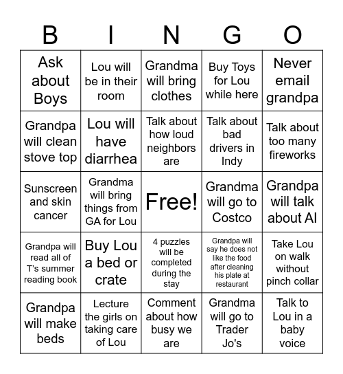 Grandparents 4th of July Visit! Bingo Card