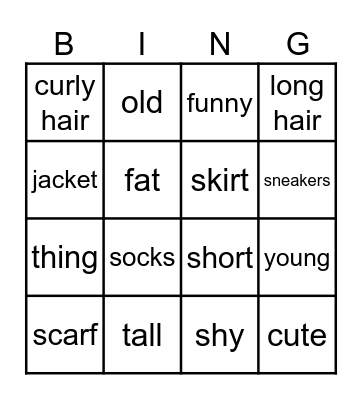 english Bingo Card