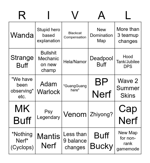 Rivals Bingo Card
