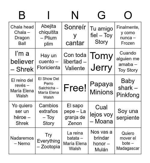 Bingo Musical Bingo Card
