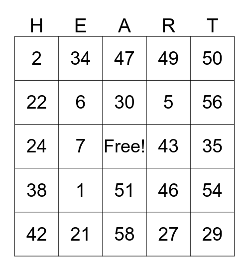 Valentines Bingo Card