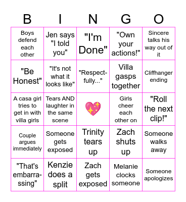 Love Island Bingo Card