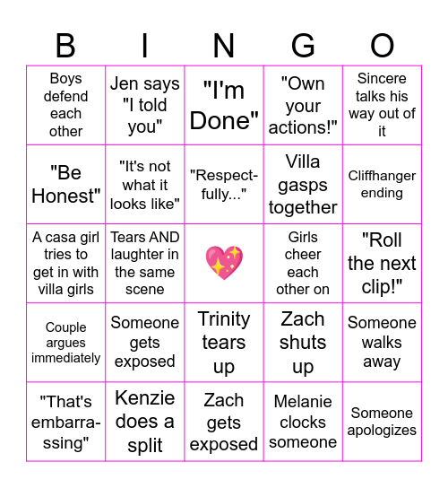 Love Island Bingo Card