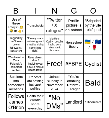 UK Centrist bingo Card