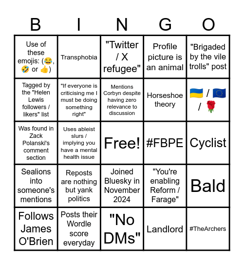 UK Centrist bingo Card