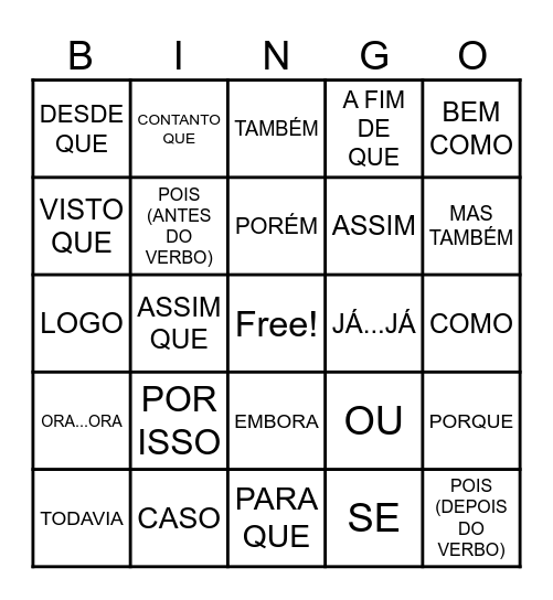 BINGO DAS CONJUNÇÕES Bingo Card