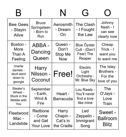 70's Bingo Game 1 Bingo Card