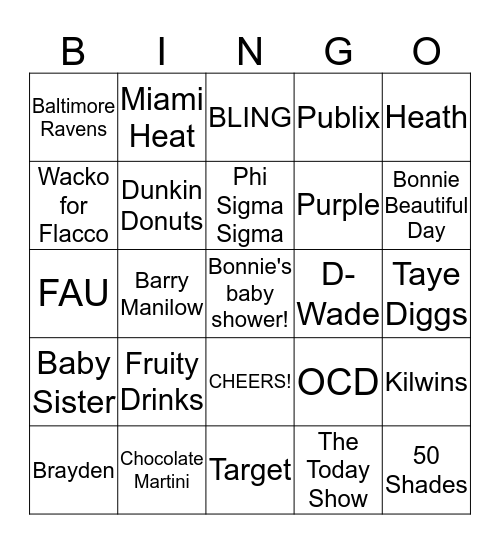 Bonnies Baby Shower Bingo Game Bingo Card