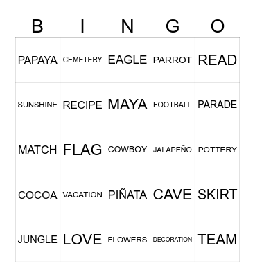 MEXICO VOCABULARY Bingo Card