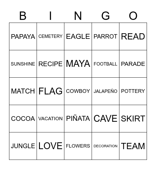 MEXICO VOCABULARY Bingo Card