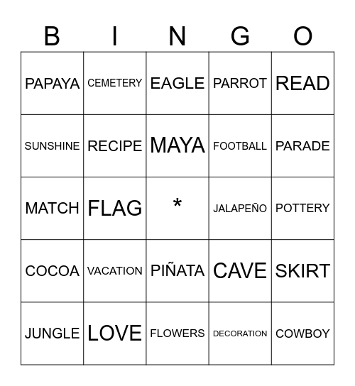 MEXICO VOCABULARY Bingo Card