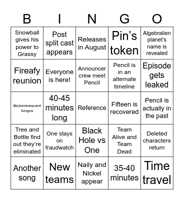 BFDI:TPOT 24 Predictions Bingo Card