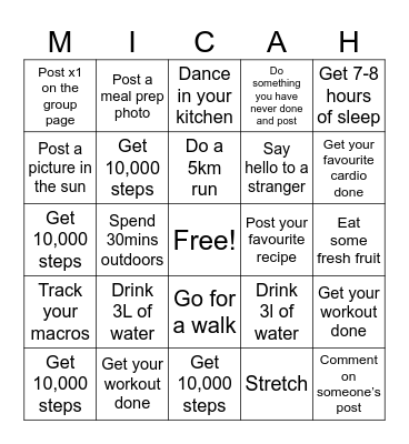 Fitness Week Bingo Card