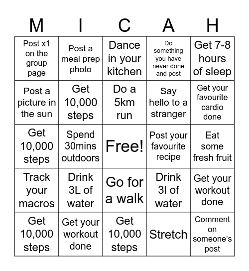Fitness Week Bingo Card