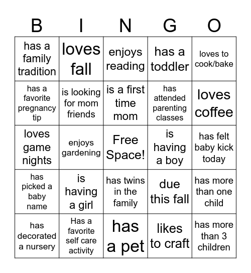 Mom Friend Bingo Card