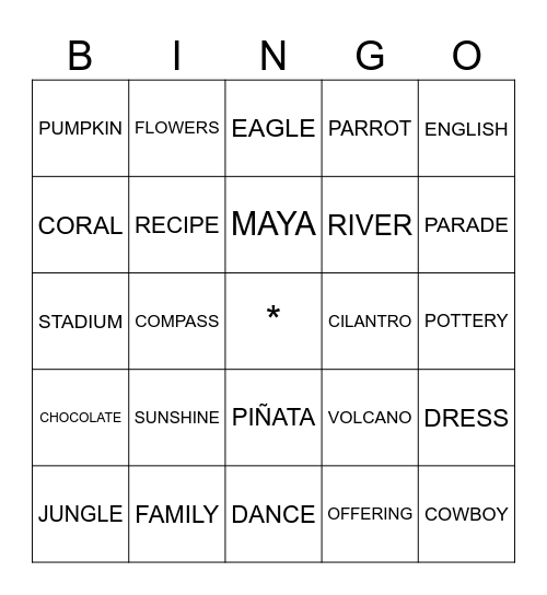 MEXICO VOCABULARY Bingo Card