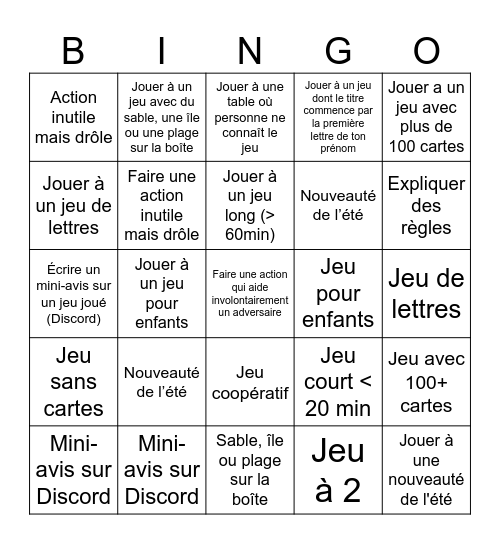 BINGO de l'été ! Bingo Card