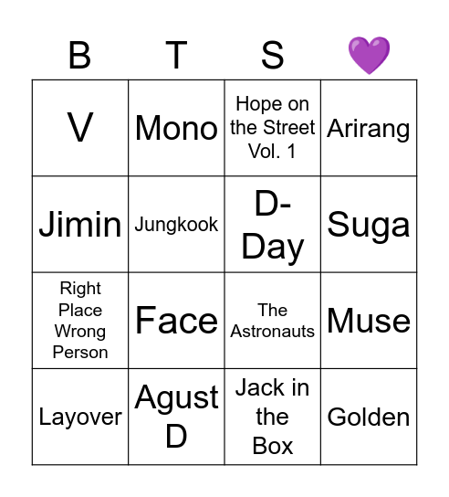 BTS Bingo Card