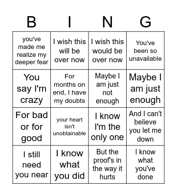 song Bingo Card