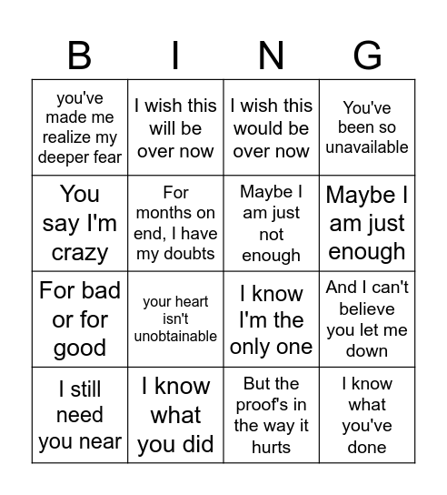 song Bingo Card