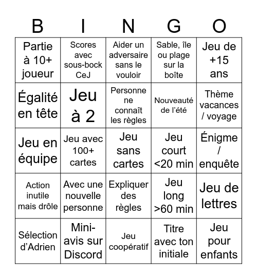 Bingo de l'été Bingo Card