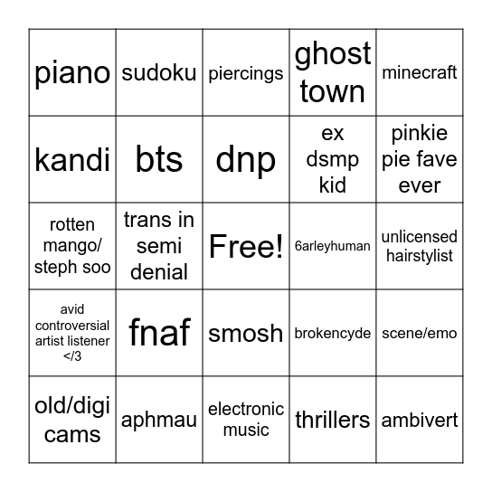 rawr bingo Card