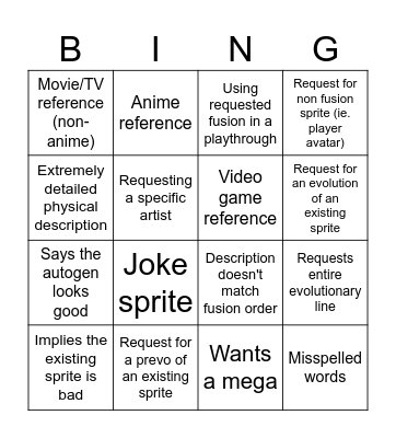 Sprite Requests Bingo Card