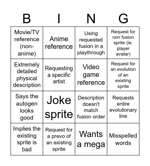 Sprite Requests Bingo Card