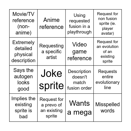 Sprite Requests Bingo Card