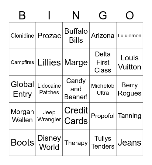 Emily's Favorite Things Bingo Card
