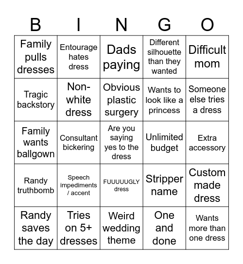 Say yes to the dress Bingo Card