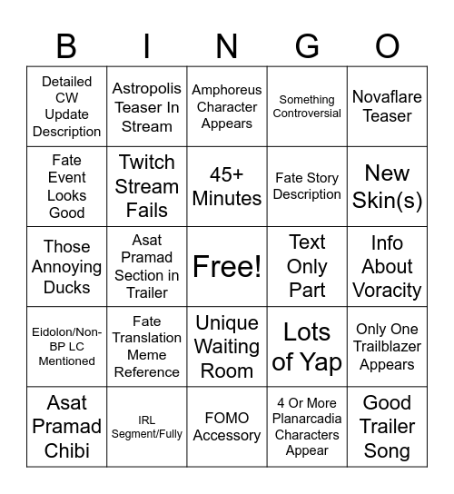 HSR 4.4 Special Program Bingo Card