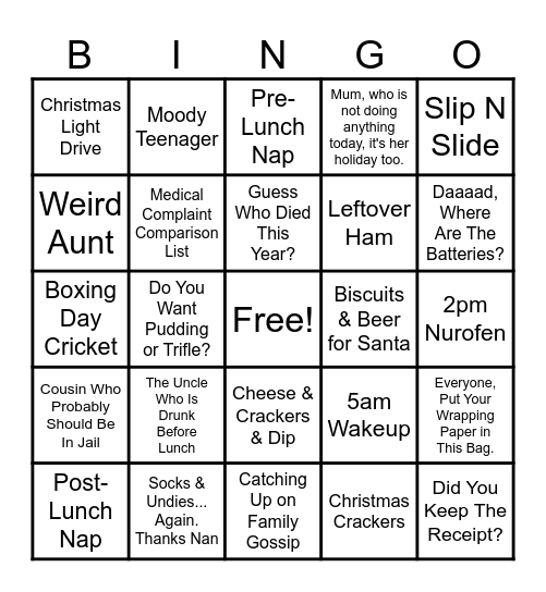Family Christmas Bingo Card